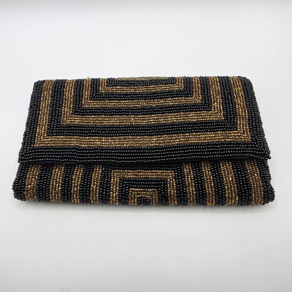 k.c. malhan Black Gold Beaded Geometric Evening Clutch Bag Handcrafted India